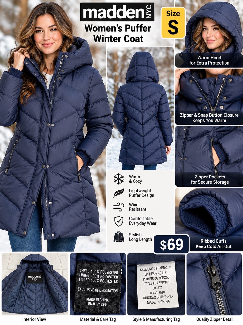 Women's Navy Puffer Winter Coat
